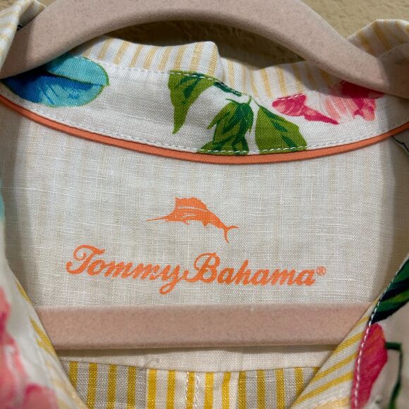 Tommy Bahama 100% Linen Button Up Shirt Womens Large Yellow White Coastal Beachy - Picture 5 of 7